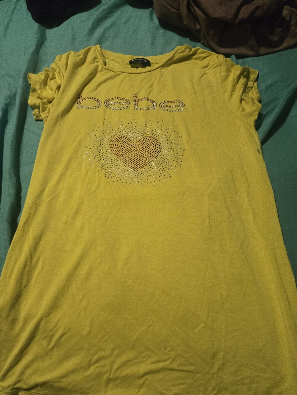bebe Yellow Rhinestone Heart Short Sleeve Tee